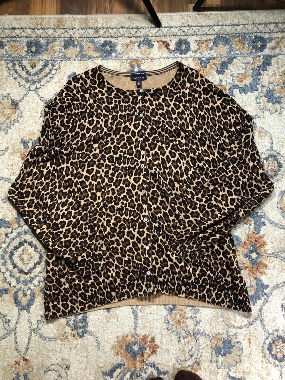 Lands' End Sweater Cardigan Womens 3X Brown Leopard Print Button Front Knit